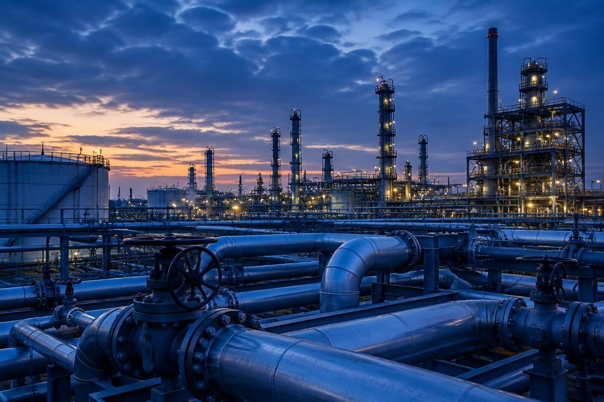 Refinery pipelines and valves at dusk