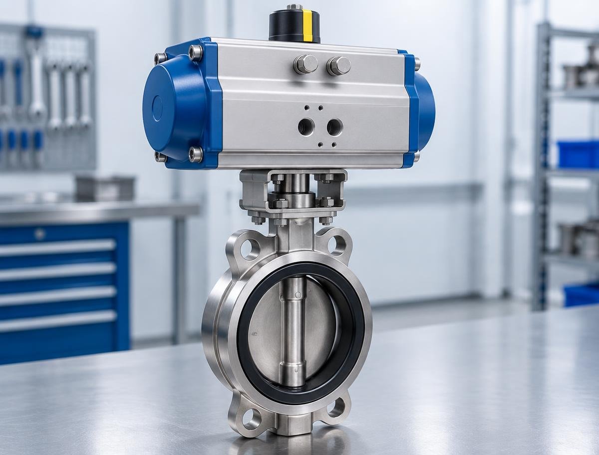 Pneumatic actuator mounted on a stainless steel butterfly valve